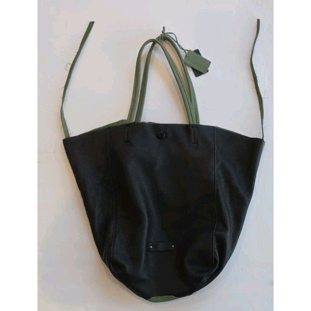 Linea Pelle Collection Reversible Leather Tote Bag Black Olive Green Slouchy
